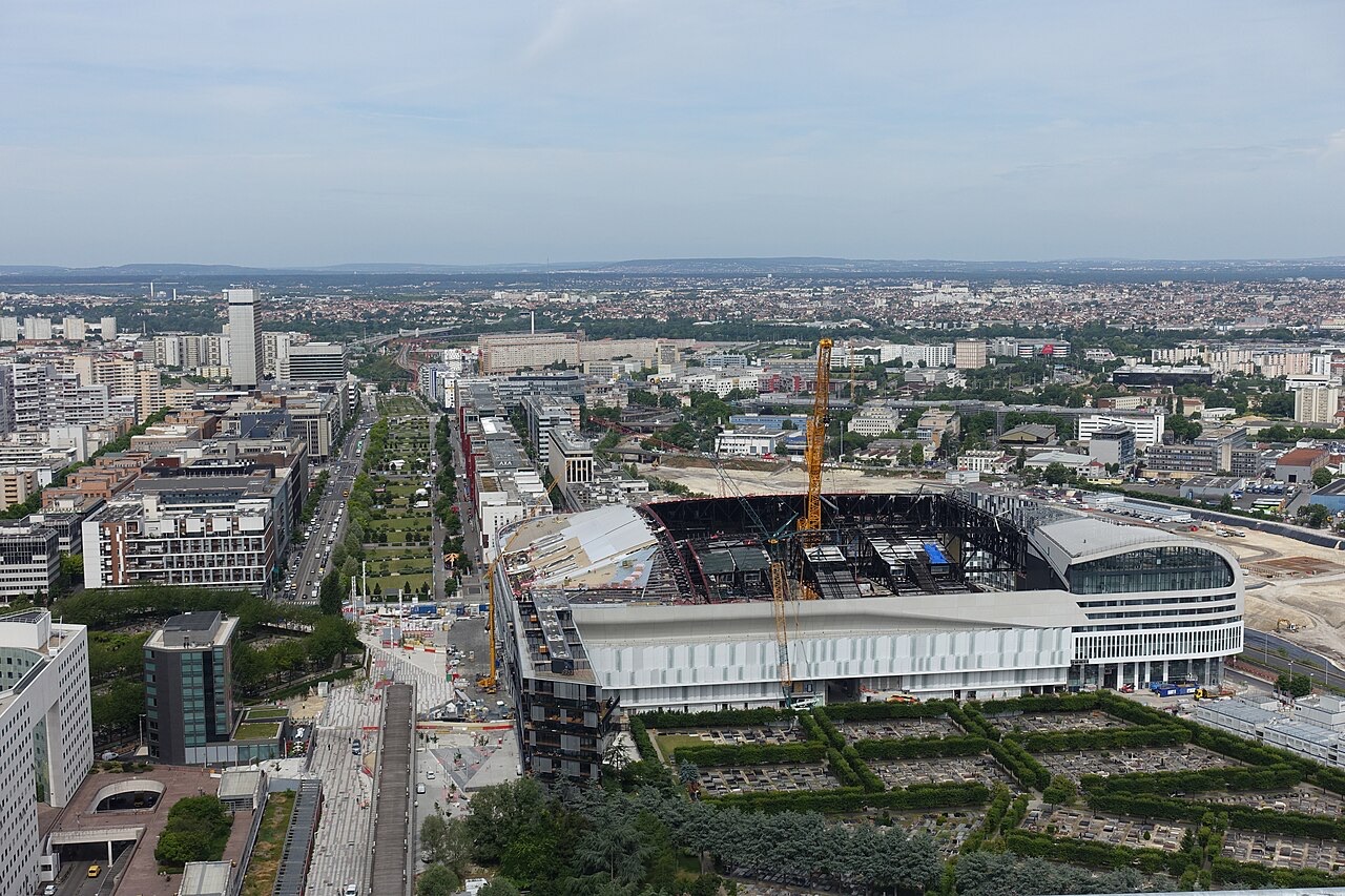 Paris Masters 2026 venue La Défense Arena in Nanterre seen from the Grande Arche